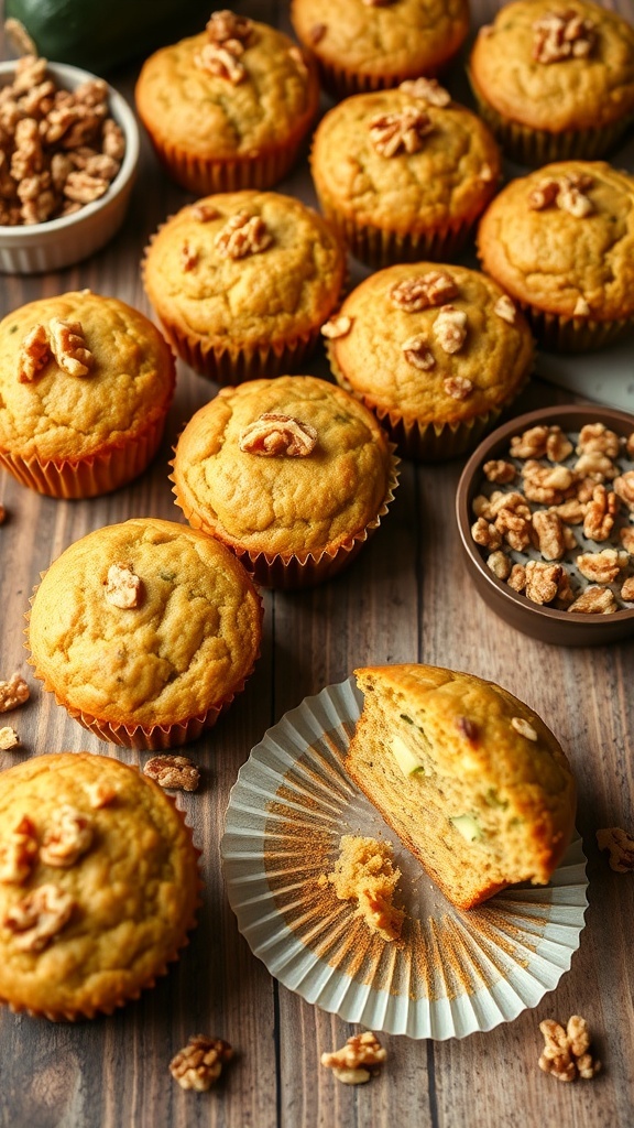 Freshly baked zucchini walnut muffins on a wooden table, some broken open to show moist interior.
